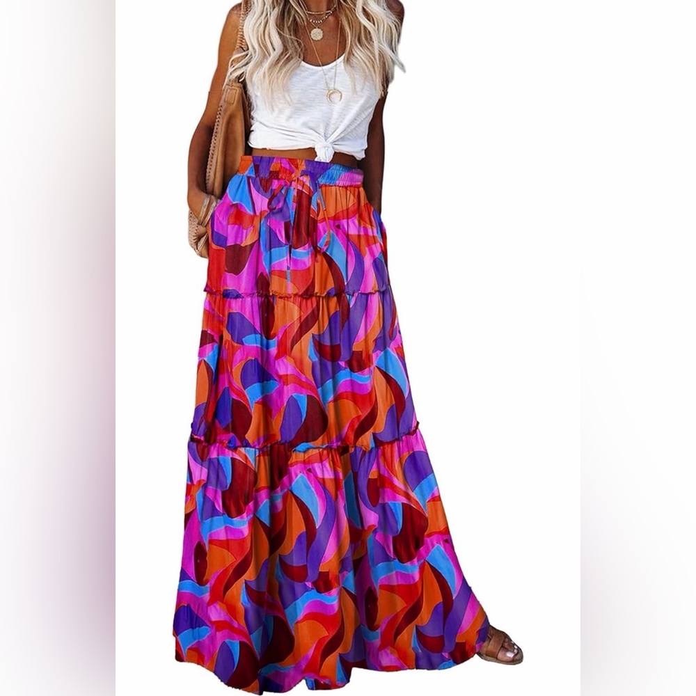 Tropical Wave Tiered Maxi Skirt in Red & Purple